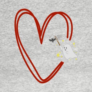 cute ghost catching a bat in a red heart T-Shirt